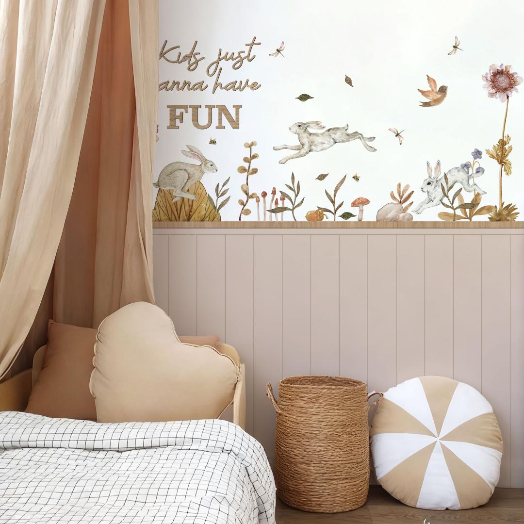 Whimsical Bunny & Nature Wall Decals 4-Piece Set for Playful Nursery Décor